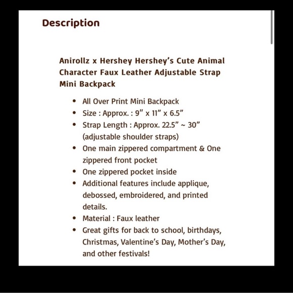 Super cute Aniroll X Hershey backpack - Picture 4 of 10